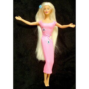Vintage Barbie Cool Clips Doll Long Blonde Hair Pink Dress Gown Flowers Sparkles